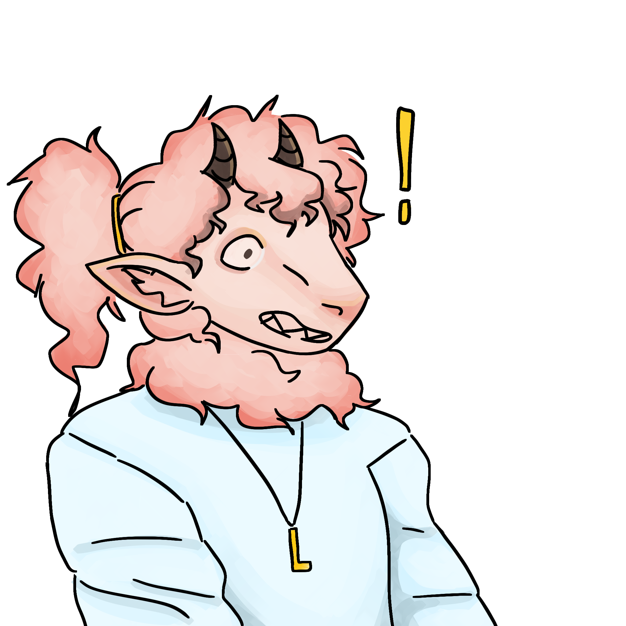 A Anthropomorphic Sheep with its red tinted white wool pulled back into a pony tail, it has two small horns poking out of its head and is wearing a off white sweatshirt and a L gold necklace